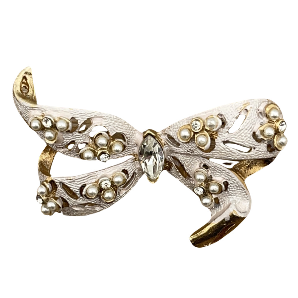 Vintage Pisces Gold Plated Bow Brooch Pin Rhinestone Faux Pearl Elegant Gift